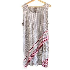 Chico’s Easywear Sleeveless Stretch Geometric Tan White Midi Shift Dress L
